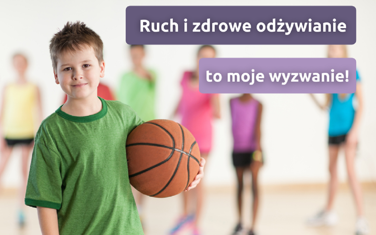 Plakat promujący program dla dzieci na temat zdrowego odżywiania i aktywności fizycznej